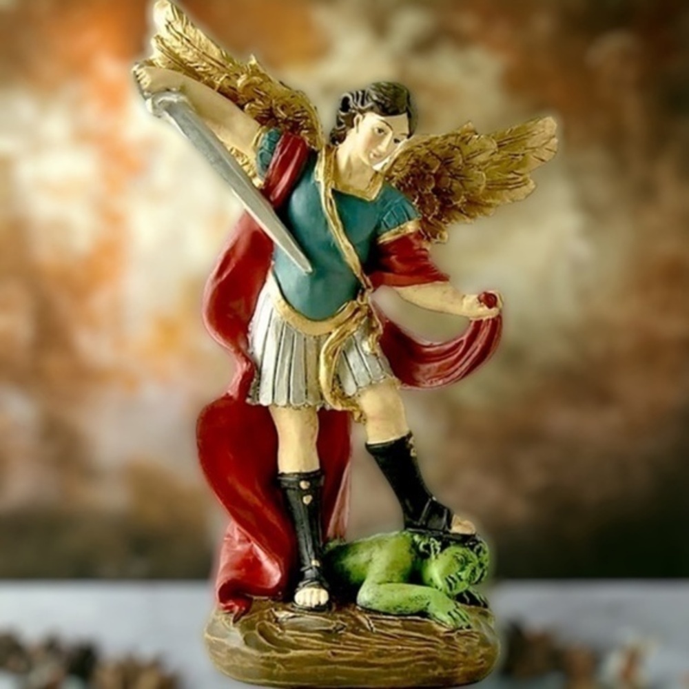 Beautifully Handcrafted Colorful Resin St. Micheal Archangel Statue NWT